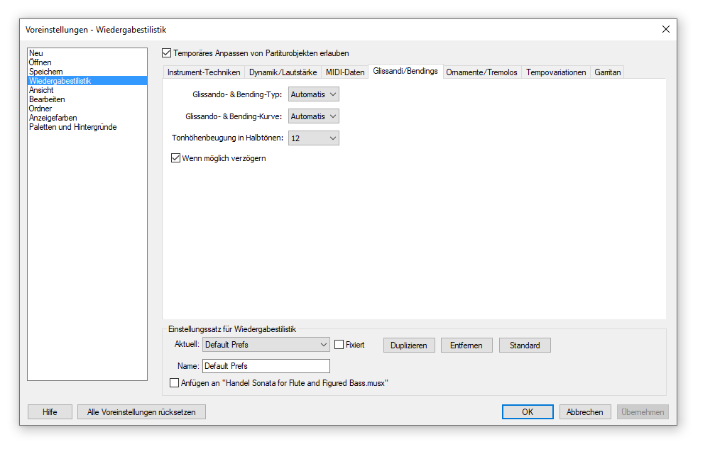 Dialogbox Einstellungen für Wiedergabestilistik – Glissandi und Bendings